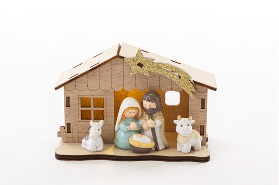 Picture of PRESEPE LEGNO SOGG.RESINA C/LED15x8xh.10 CM