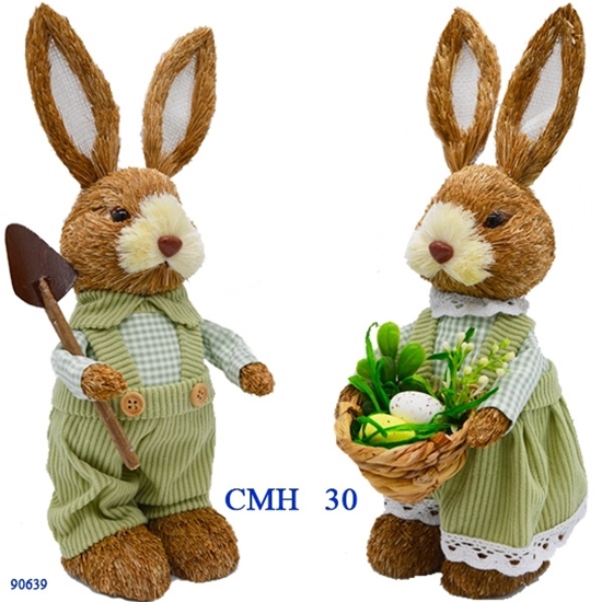 Immagine di CONIGLIO PAGLIA C/VESTITO VELLUTO,VANGA/CESTINO H.25 CM